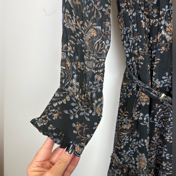 NICHOLAS Paisley Floral tiered Ruffle Dress with belt/ black, brown, blue/Size 0 - Picture 8 of 16